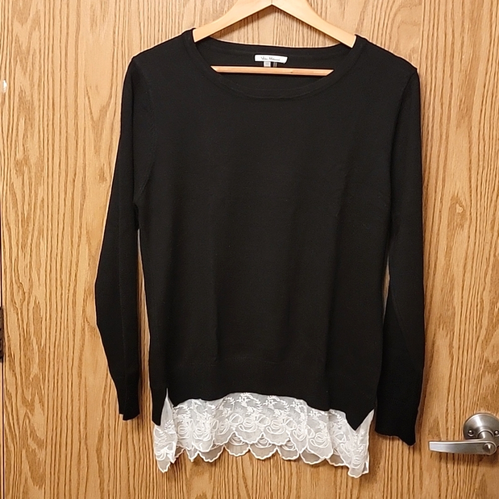 Vila Milano Black Sweater with Eggshell Lace Trim